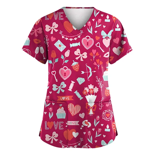Uniforme clínico de San Valentín para mujer, elegante estampado de corazón, cuidado de la salud, cuello en V, uniforme quirúrgico de manga corta con bolsillo tipo parche para verano