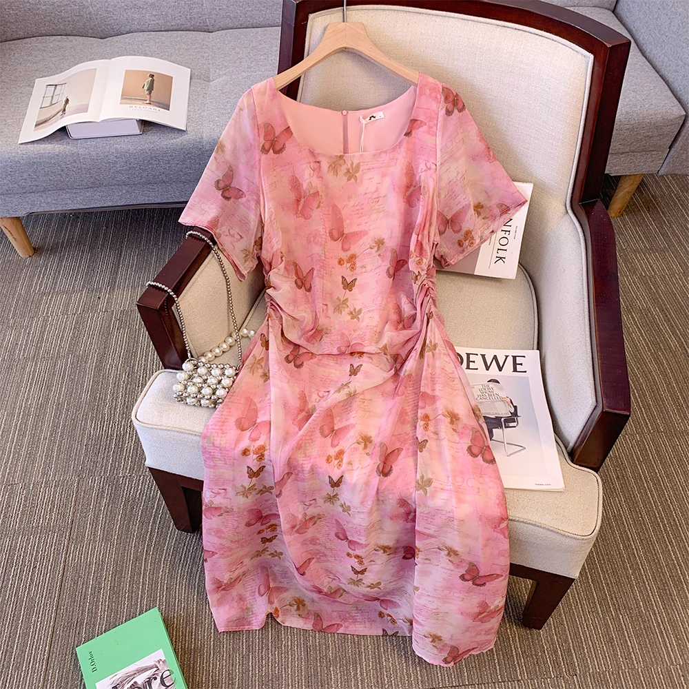 Summer New Plus Size Women's Casual Loose Pleated Chiffon Dress Beach Holiday Pink Square Neck Floral Short Sleeve Skirt