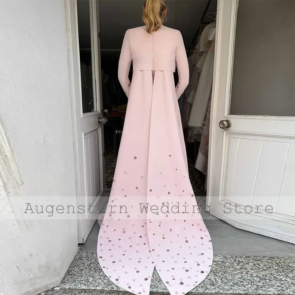 Exquisite Mother of the Bride Dresses Crepe Fabric A-line Wedding Party Dresses Pink O-Neck Sequined Tailing Wedding Dress Long