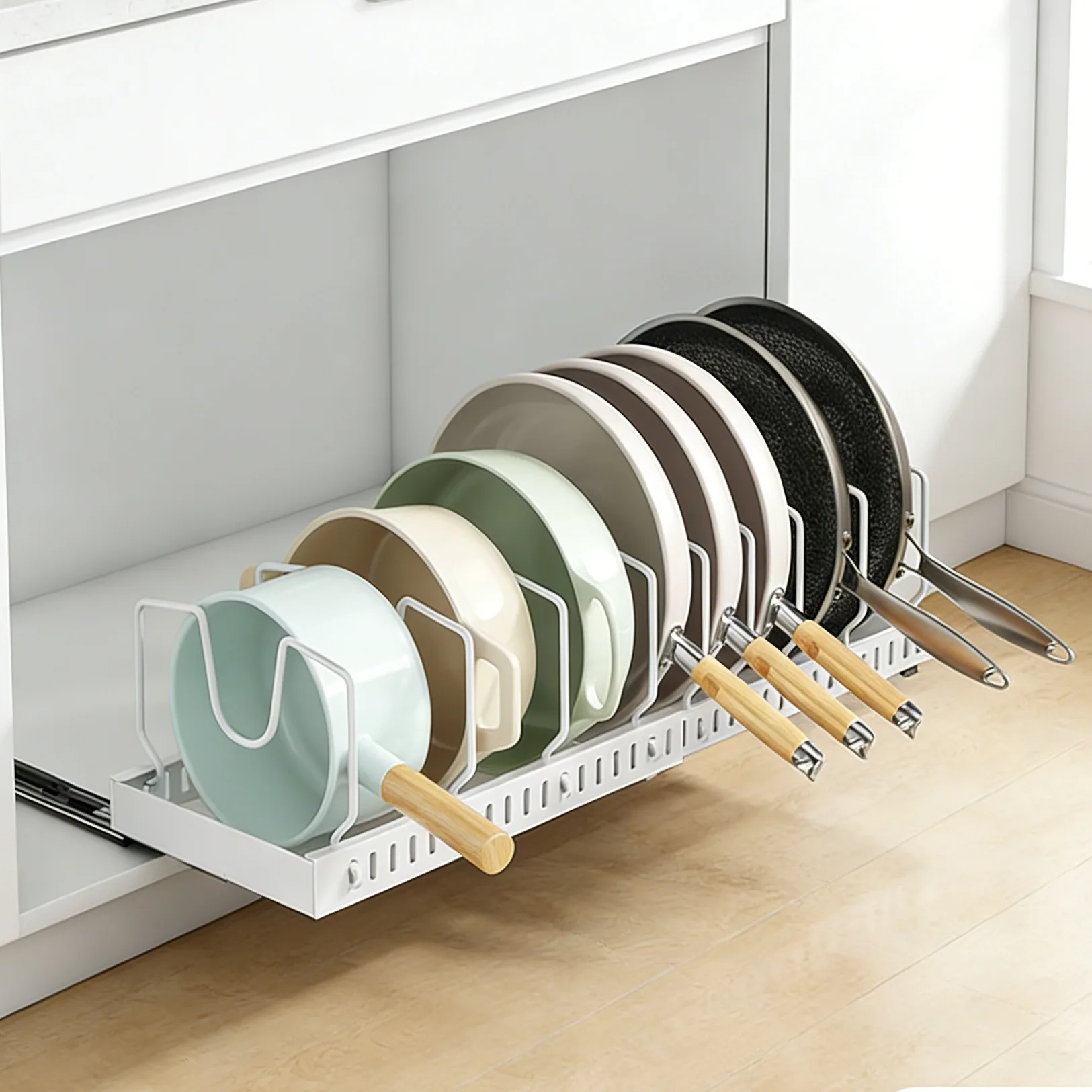 Expandable Pull-Out Carbon Steel Pot Lid Organizer Adjustable Dividers Vertical Or Horizontal Layout Cabinet Countertop Kitchen