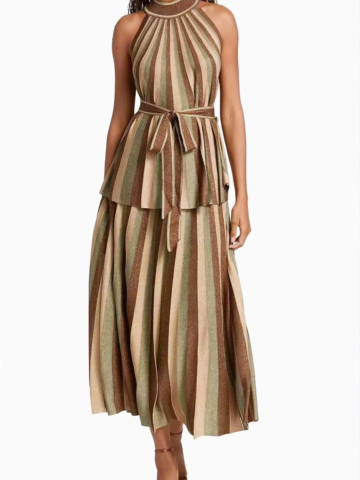 

High-End Knitted Stripe Color Block Neck Hanging Sleeveless Top Skirt Set for Women Shiny Thread Heavy Weave Fashion Ensemble