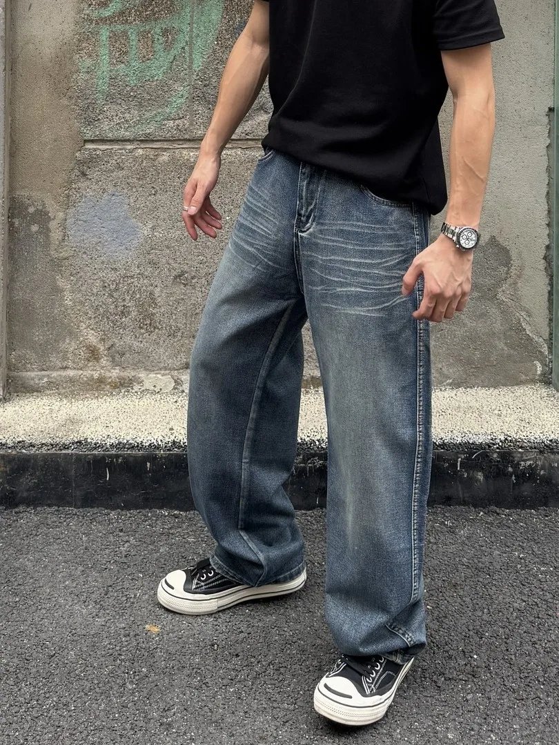 

Washed Thickened Fleece Casual Loose Straight Leg Jeans Men's Autumn Winter Fashionable Long Trousers Vintage Style Jeans