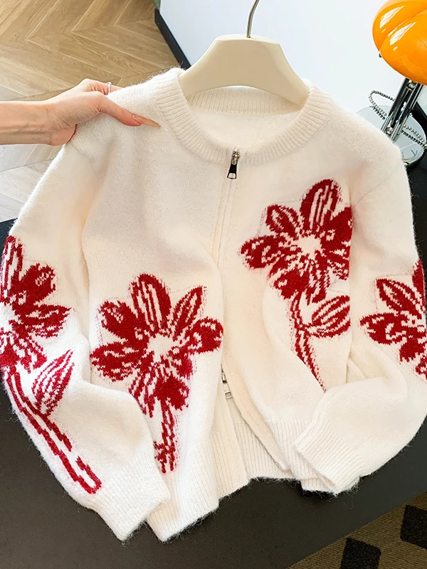 

Feilao Island Double Zipper Knitted Sweater Women's Loose Faion Slimming Outerwear Top Autumn Winter Cotton Blend