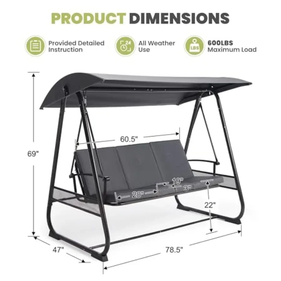 3-Seat Outdoor Patio Swing Chair for Garden Backyard Balcony, Heavy-Duty Triangular Steel Frame, Beige Fabric Cushions, Adjusta