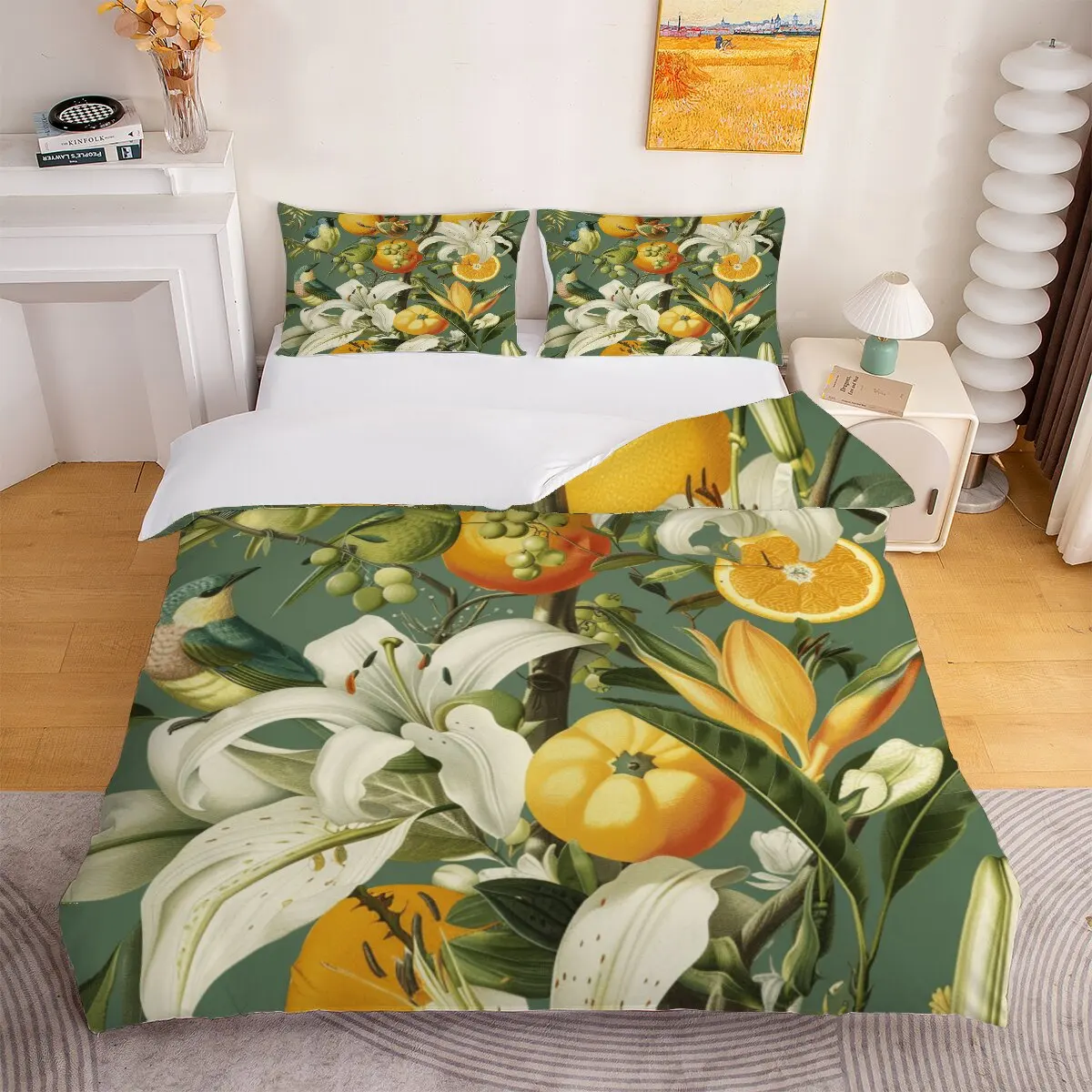 ** Canaries and lemons  Duvet size  Plants and birds  1 duvet cover, 2 pillowcases, 3 pieces