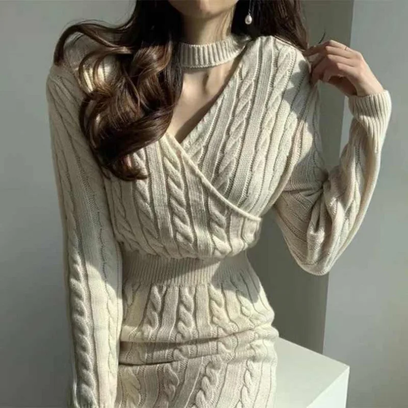 

Knee Length Pullovers Elegant Sweaters Jumpers Women Fine Mid-Sleeve Foldover Collar Holiday Females Striped Buttoned Rib Trendy