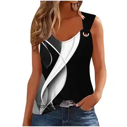 2024 Summer Casual Tops Women's T-shirt Sleeveless V-neck Stripe Printed Tshirt Top Femme T Shirt For Women