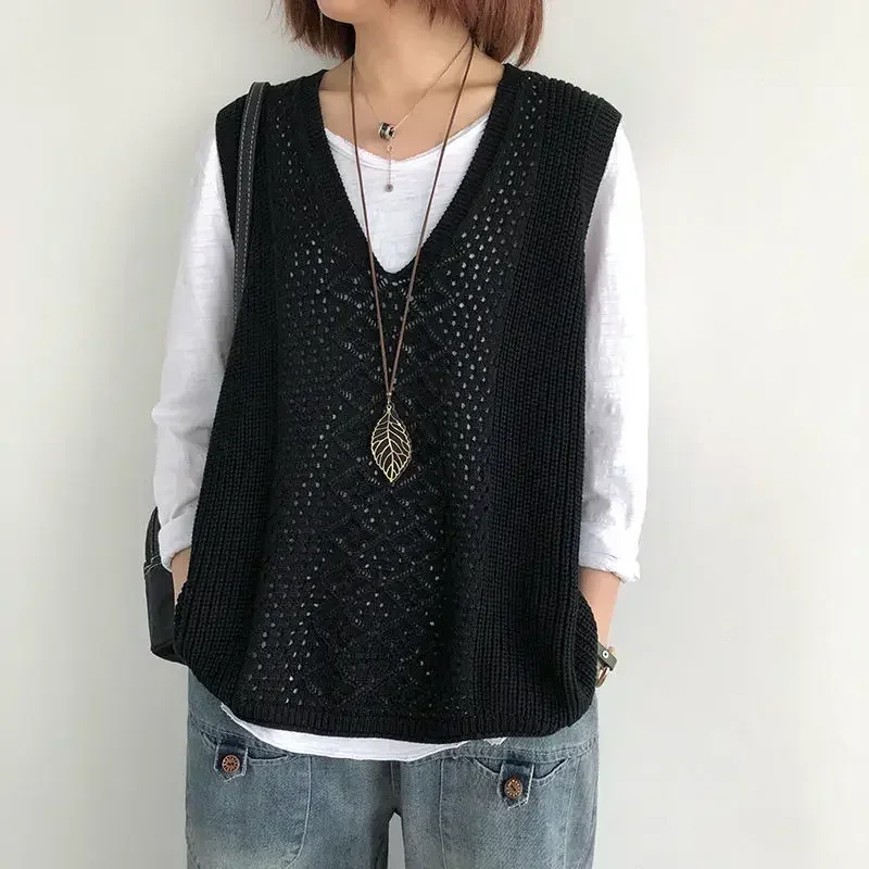 Women Clothes Vintage Hollow Thin Casual Sleeveless Outewear Sweater Vest Female Solid V Neck Loose Pullover Knitted Waistcoat