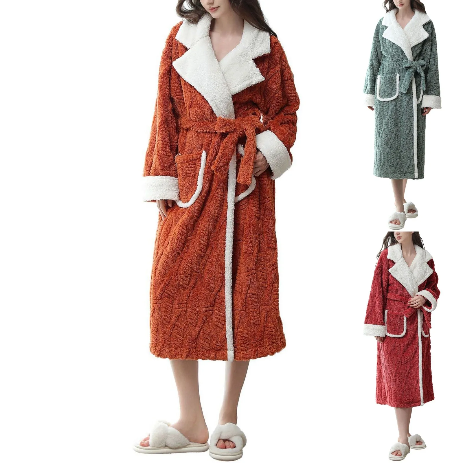 Winter Fashion Women Bathrobe Solid Color Thicken Plush Long Sleeve Lapel Bathrobe Sleepwear Warm Nightgown For Women