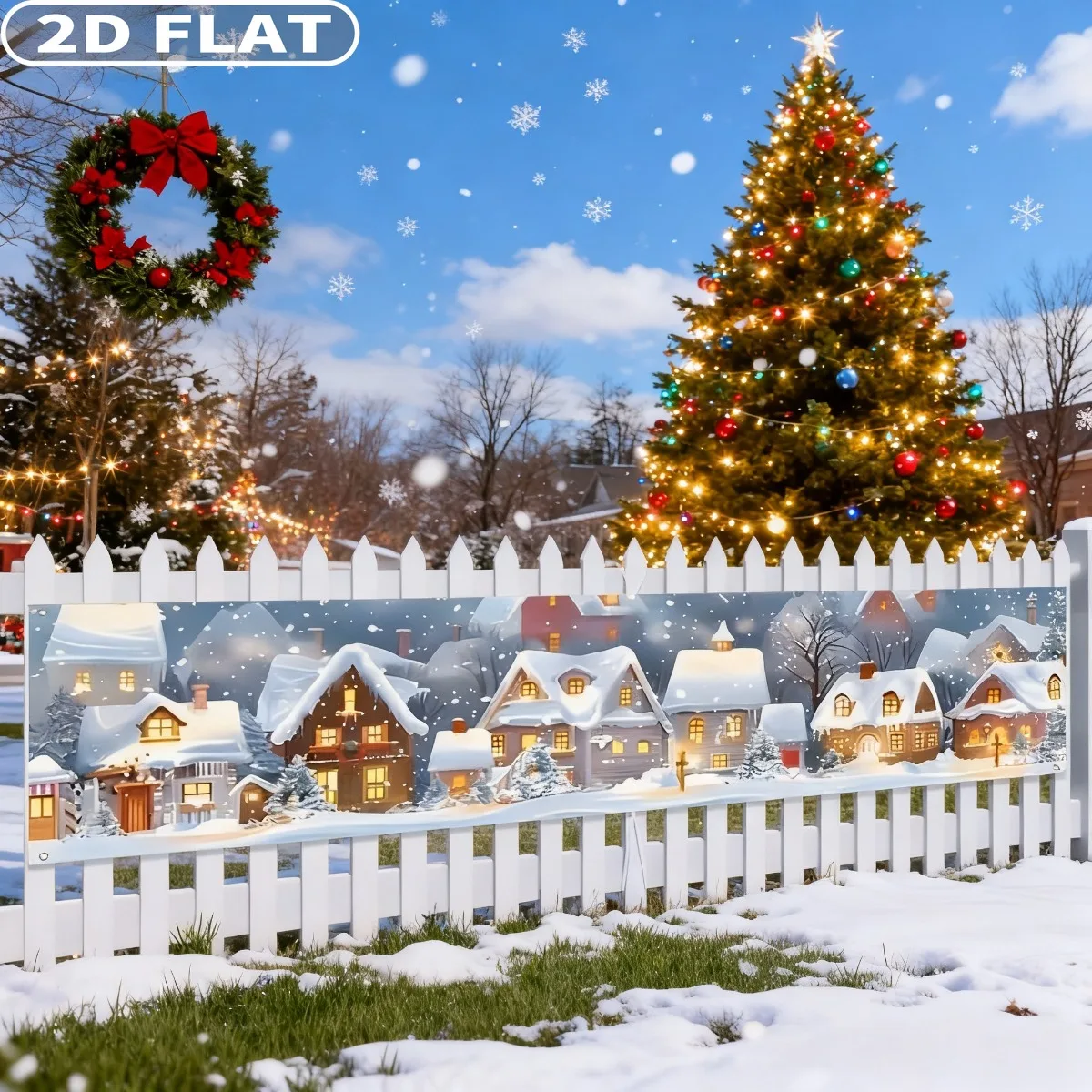

2D FLAT 1 pc Holiday Christmas Theme Party Photo Booth Props Banner -18x79 Inch Polyester, Featuring Christmas House And Snow