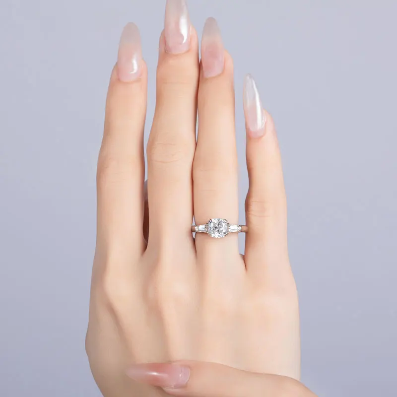 DEZO All Moissanite Engagement Rings For Women Three Stone Solid 925 Silver Cushion Cut 2 Carat VVS1 D Color GRA Certificate