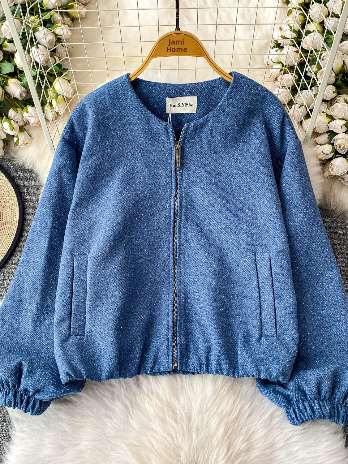 

Ele Blue iny Star круглый джгут на молнии, женский зимний топ 2025 года, новый универсальный свободный утягивающий топ для поездок на работу
