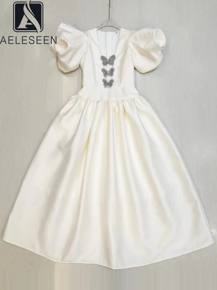 

AELESEEN Elegant Midi Dress Women Summer Puff Sleeves Sparkling Butterfly Appliques Beading Mesh Patchwork Vintage Black Beige