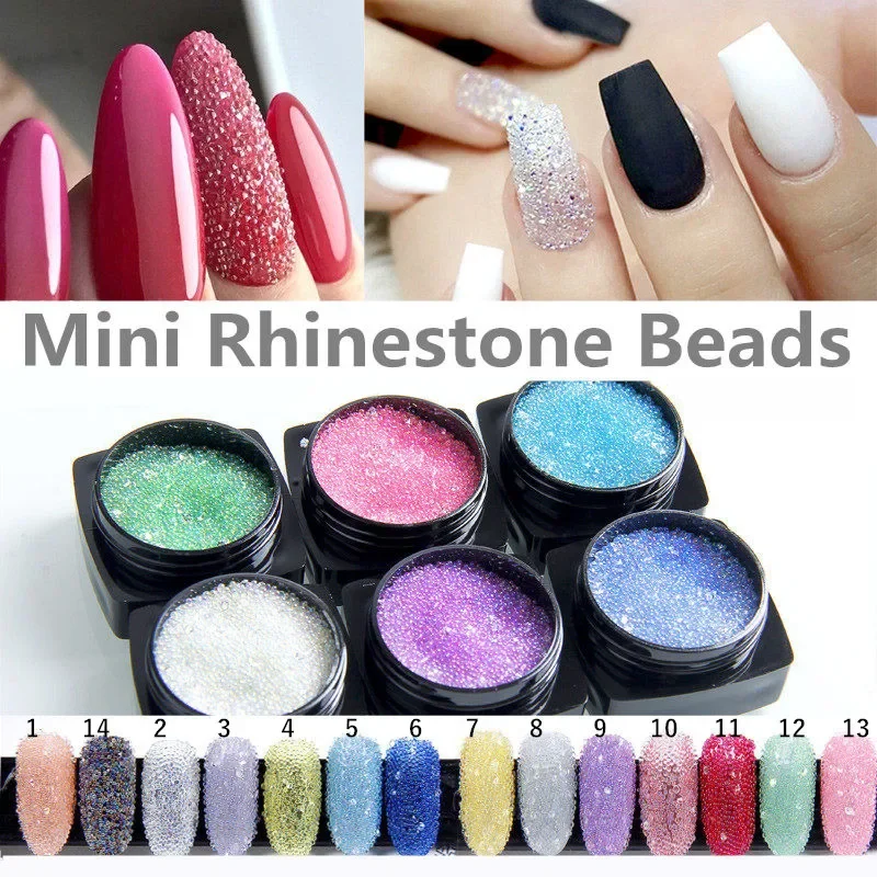 Mini perles en biscuits pour la décoration des ongles, micro perles transparentes, caviar AB, perles de cristal, nail art, mini perles 3D, 0.6-0.8mm, 13 boîtes