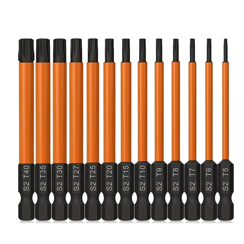 13 pçs 75mm torx bit conjunto T5-T40 resistente à adulteração estrela bits conjunto 1/4 Polegada hex haste s2 aço magnético torx chave de fenda bit