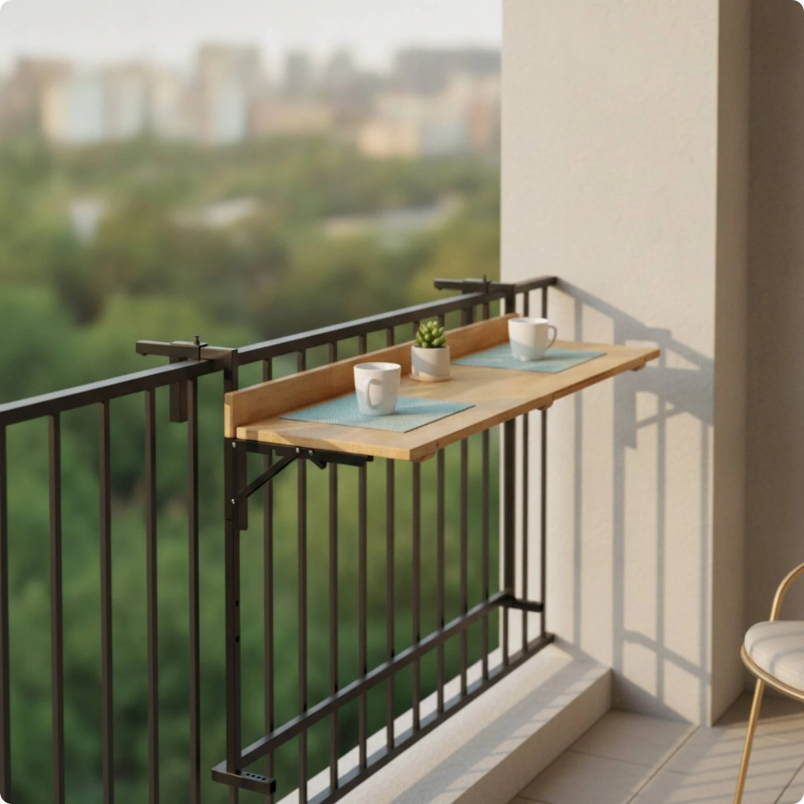 Foldable Balcony Bar Table Stable Railing-Mounted Table with Wood Tabletop Furniture Heavy-Duty Collapsible