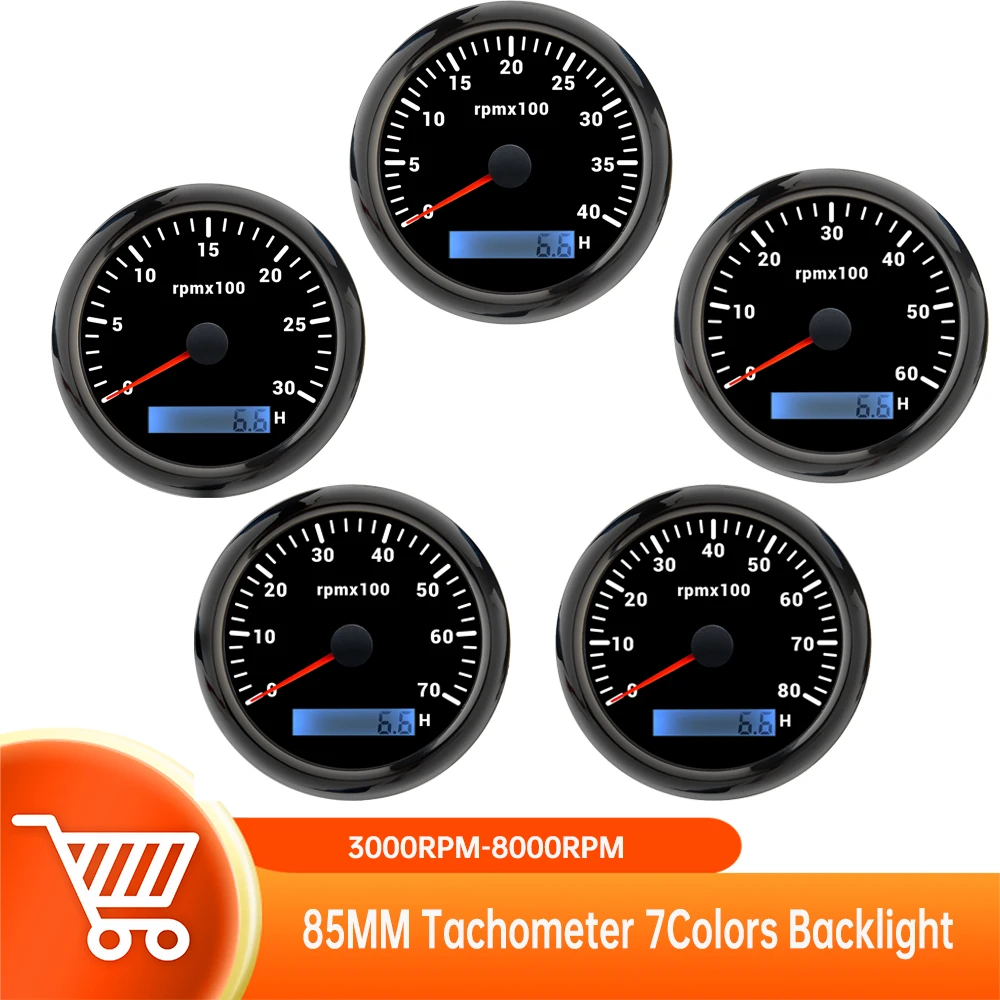 3000RPM-8000RPM Tachometer with LCD Hour Meter 7Colors Backlight Car RPM Gauge or with M16/M18 sensor