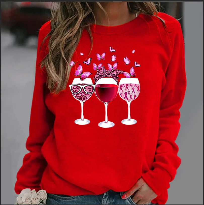 Explosive New Wine Glass Butterfly Print Casual Pullover Long-sleeved Women's Blouse Crew-neck Hoodie Sweatshirt