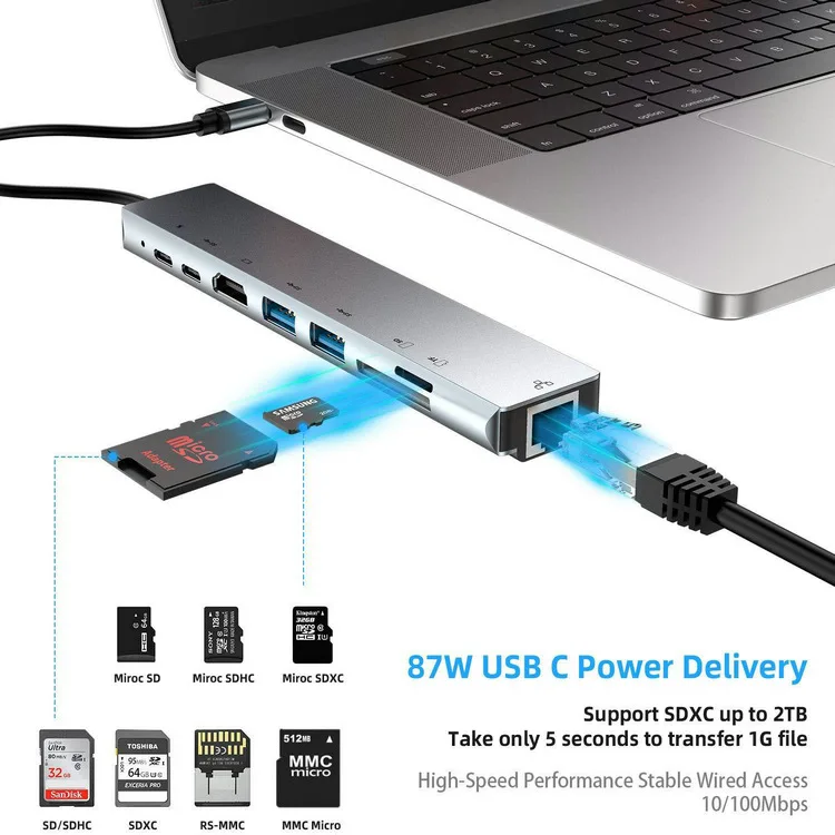 5PCS 8-in-1 Type-C Multi-Port Docking Station Hub Dengan USB 3.0 SD HDTV USB3.0 PD TF RJ45 Untuk Macbook Resolusi 4k Adaptor Stok