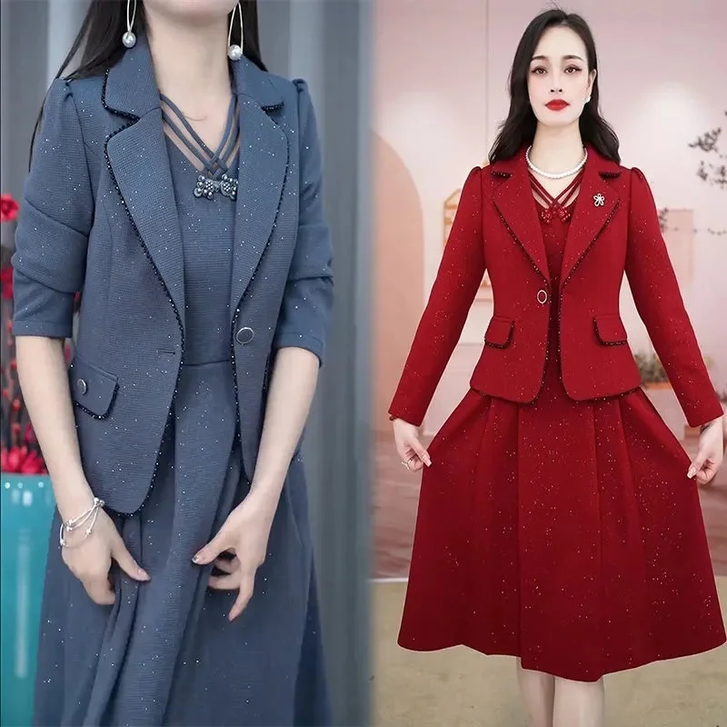 Gaun wanita paruh baya, set gaun wanita paruh baya musim semi musim gugur High End elegan Blazer mantel dan gaun panjang 2 potong gaun temperamen OL wanita