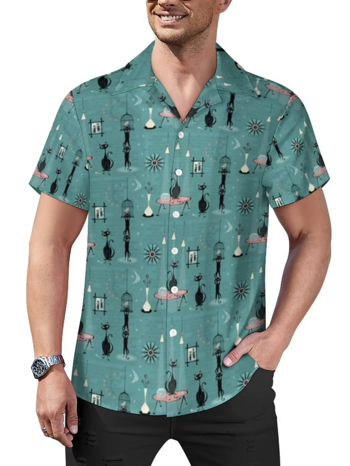 

ort Sve Button-Up Collar Printed irt Youth Faion Summer Slim Fit Menswear Lapel irt Casual Wear Regular Thin