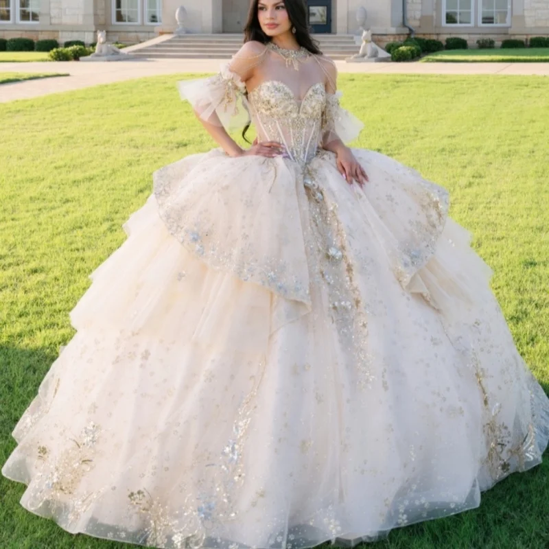 

Light Champagne Quinceanera Dress off-shoulder Glitter Decal Lace Layering Long tail Bow vestidos de 15 Quinceanera ﻿Customize