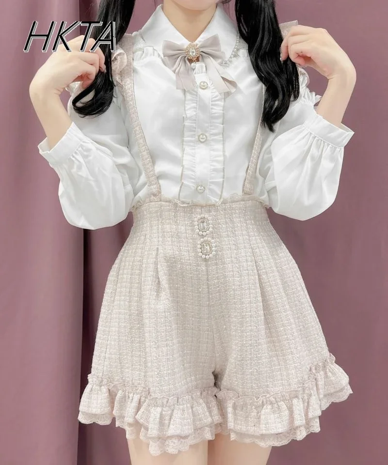 2024 Autumn New Rhinestone Lace Ruffled Shorts Rojita Suspender Skirt Girls Mine Mass-Produced Tweed Straps Shorts Skirt Women