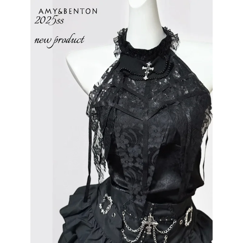 

25COSDark Spice Girl Готический кружевной топ без рукавов с высокой талией Тонкая юбка-тортик Комплекты из двух предметов Женские наряды Subculture Y2K Se