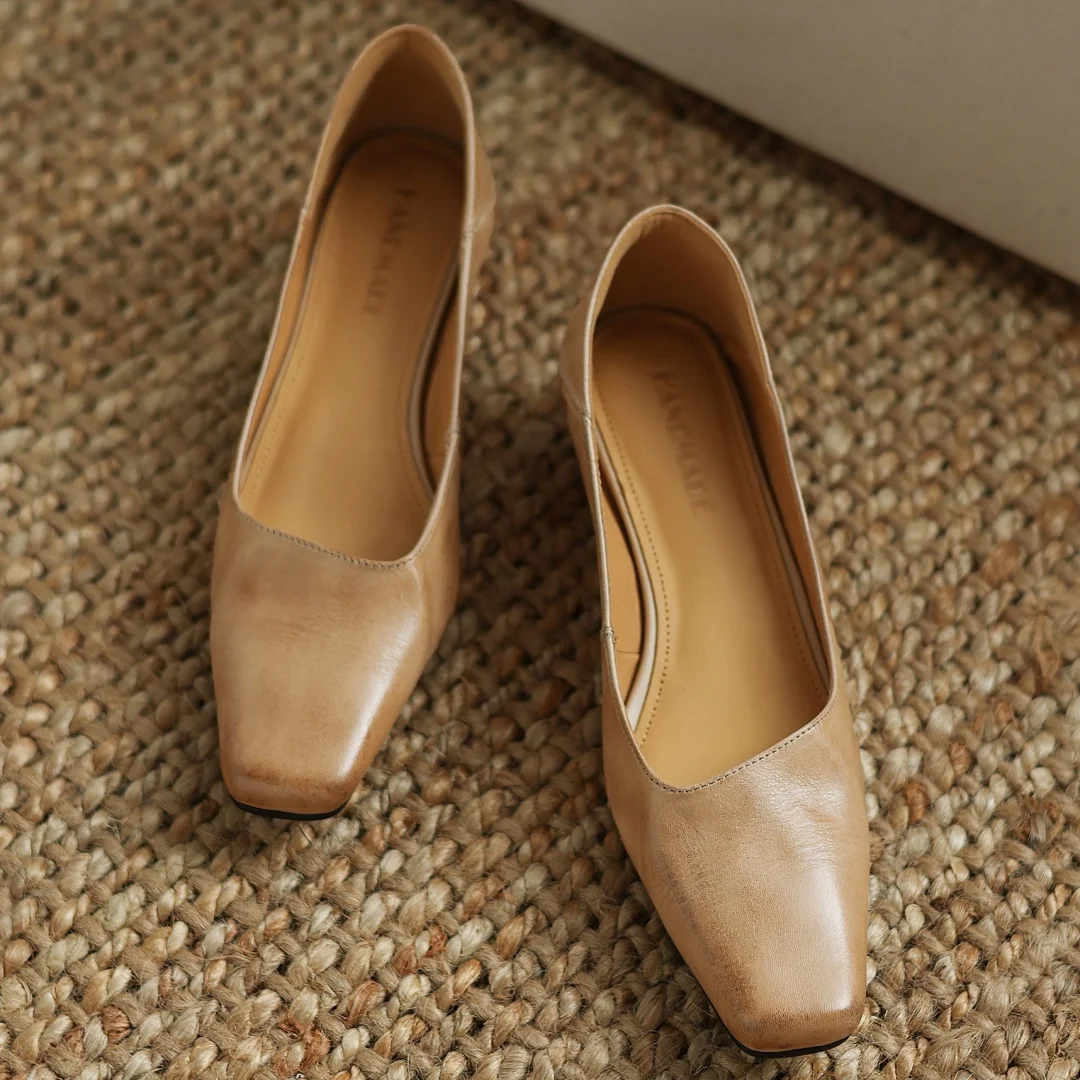 danxuefei Damen-Slip-on-Pumps aus Rindsleder mit quadratischer Zehenpartie, 3 cm Kitten-Absatz, elegante Damen-Schuhe für den Alltag, schmales Kleid, niedrige Absätze für Damen