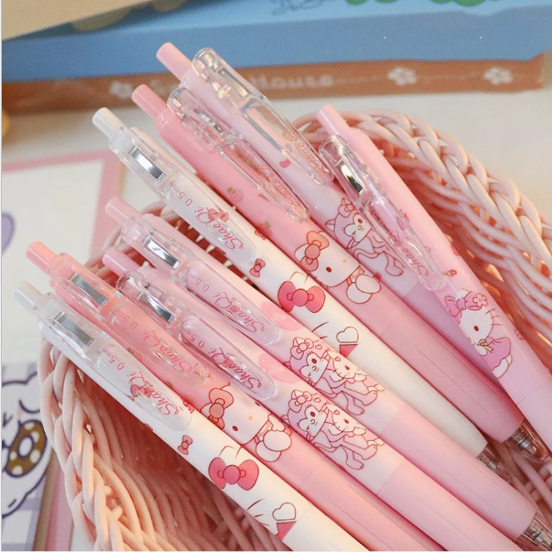 

4pcs/6pcs Cute pink Cartoon Cat Pressing Gel Pen 0.5mm Press Black Gel Pen Large Capacity Quick Dry