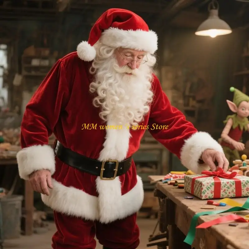 Q39C Weihnachtsmann-Outfit, 7-teilig, kompletter Hutbart für Feiern