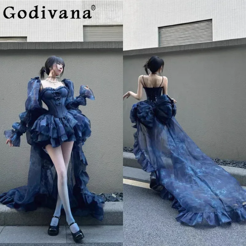 

Princess Strapless Dress Women's High Waist Slim with Long Trailing Bow Blue Lolita Dress Wedding Party Evening Dresses Mujer