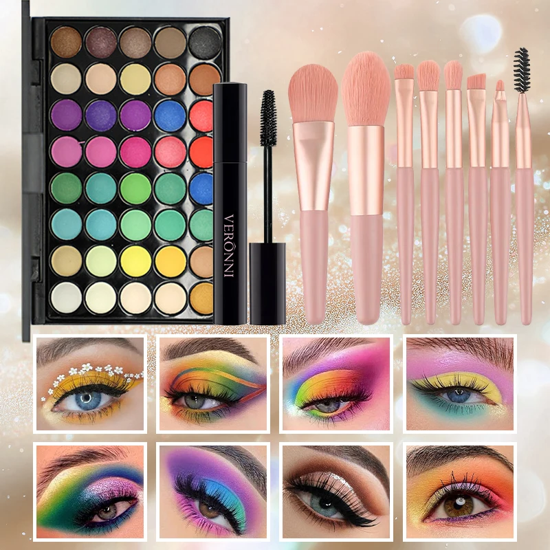 40‑Color Vibrant Eyeshadow Palette Makeup Set with Mascara & 8Pcs Makeup Brushes,Matte Shimmer Full Cosmetic Kit for Daily Party
