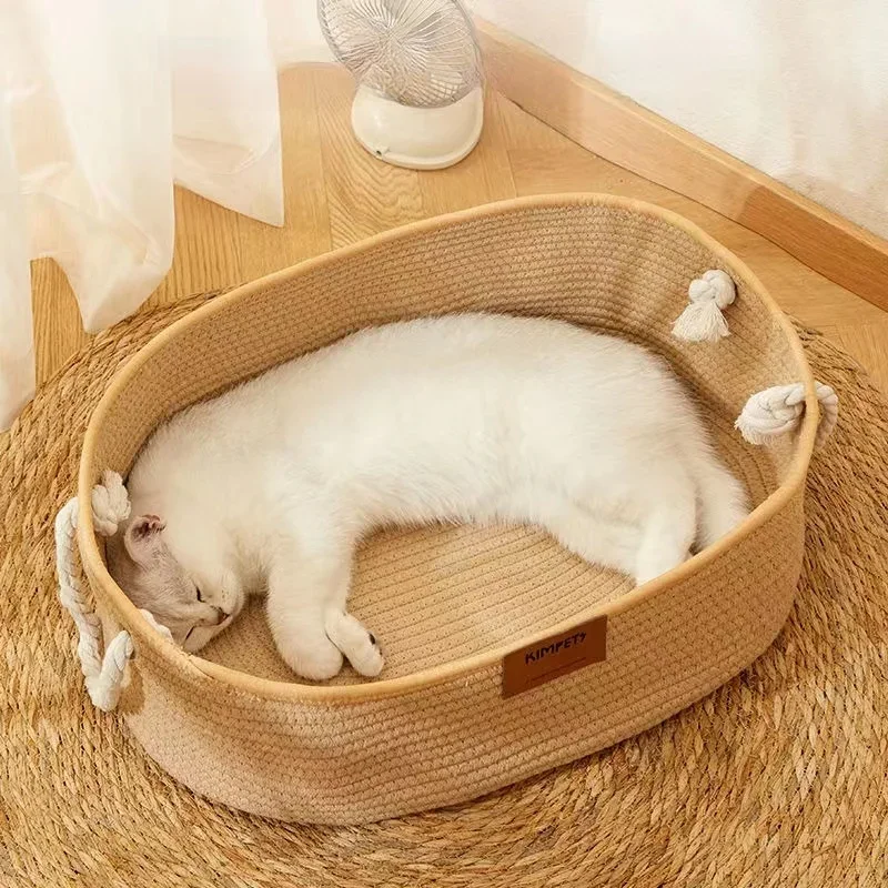 OUZEY Pet Cat Bed Hand Rattan Woven Cat Beds Comfortable Sleeping Wear-Resistant and Sratch-Resistant Cat Nesk Kitten Baskets