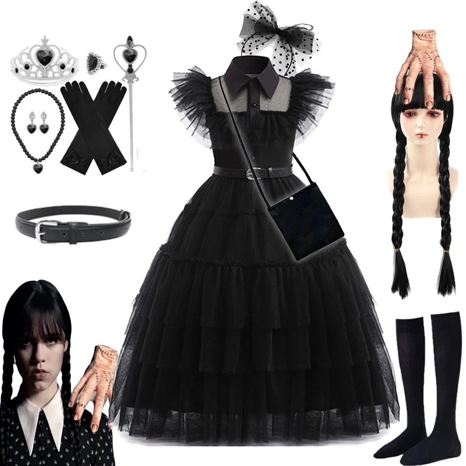 Wednesday Addams Cosplay Dress for Girl Kids Movie Wednesday Cosplay Costumes Black Gothic Dresses Halloween Party Women Clothes