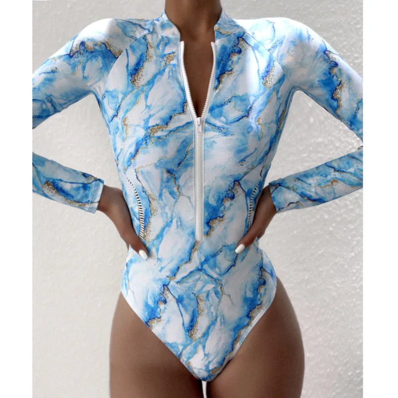 

Summer Print Color One-Piece Swimsuit Long Sleeve Swimwear Sports Women's Swimming Bathing Suit Beach Bather Surfing Swim Wear