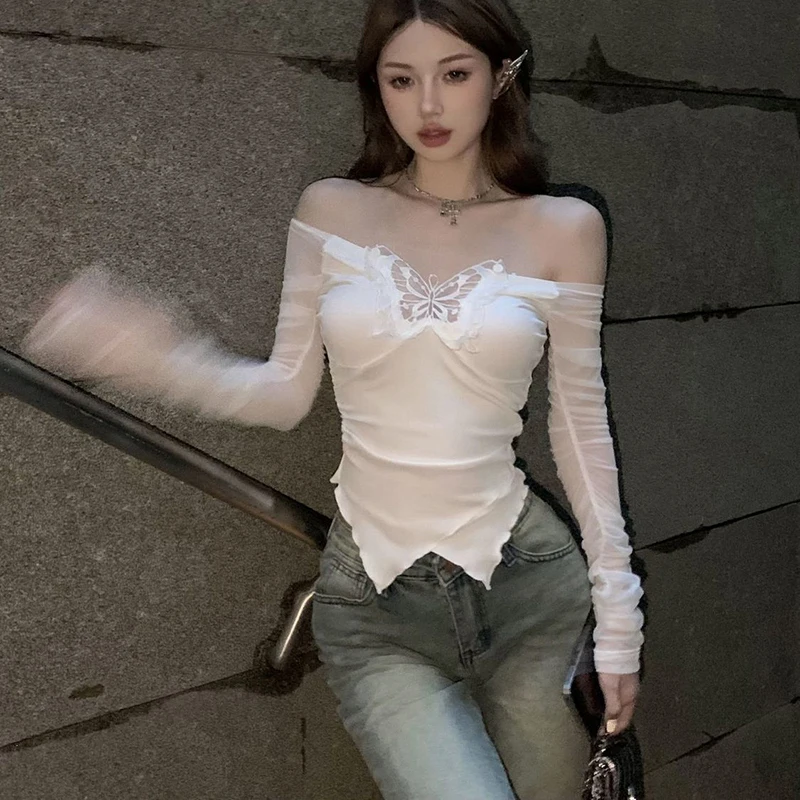 Korean Style Off Shoulder Shirts and Blouses Women Aesthetic Butterfly Cropped Mesh Tops Sexy Coquette Y2k Kpop Long Sleeve Tees