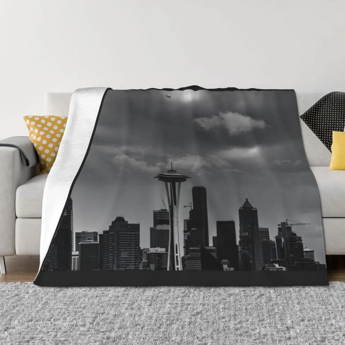 

Plane over the Space Needle - Seattle B&W Throw Blanket Designers Summer Large Kid'S Blankets