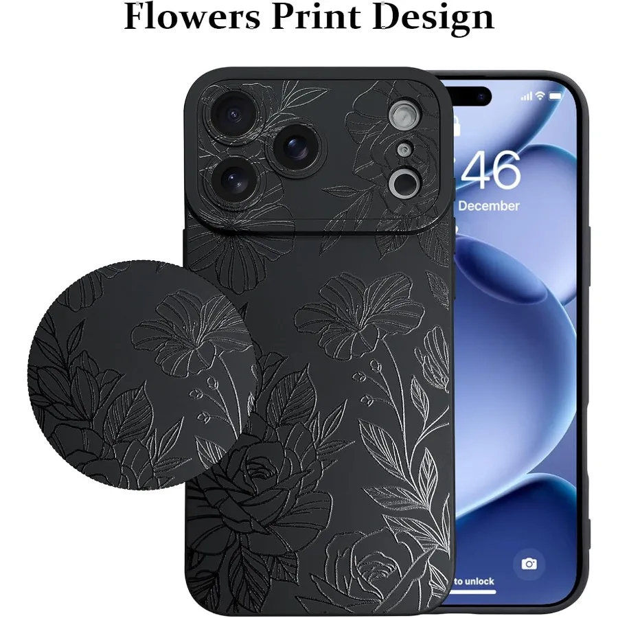 تصميم مطبوع بنمط زهور سوداء، عدسة كاميرا كاملة ناعمة من مادة TPU مضادة للسقوط ومضادة للخدش ومضادة للصدمات