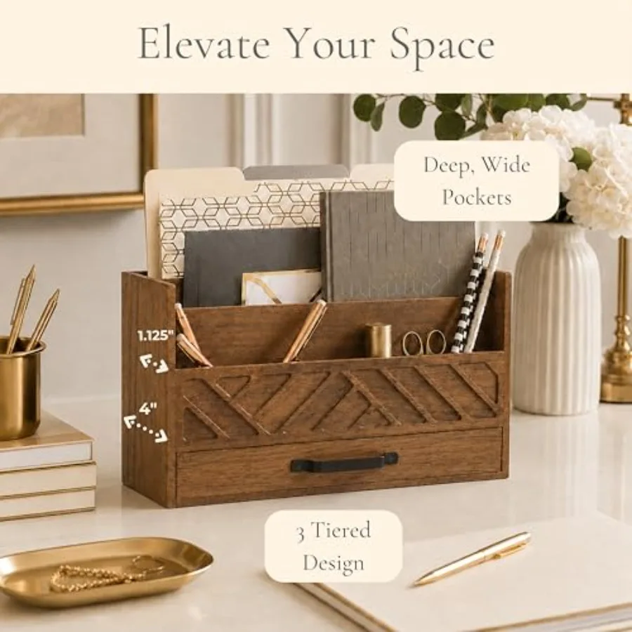 Wooden Mail Organizer with Drawer and Compartments Mail Sorter Organizer Countertop for Desk Entryway Outgoing Mail Holder Wood