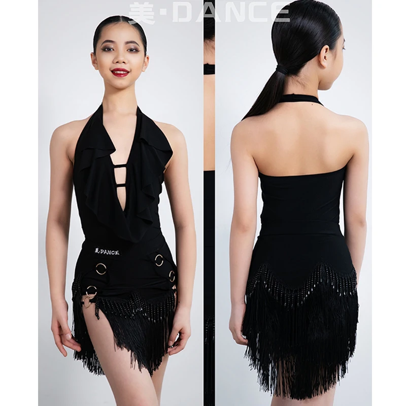 

Latin Dance Competition Dress For Girls Cha Cha Rumba Dance Costume Summer Kids Practice Clothing Black Fringe Dresses DNV17598