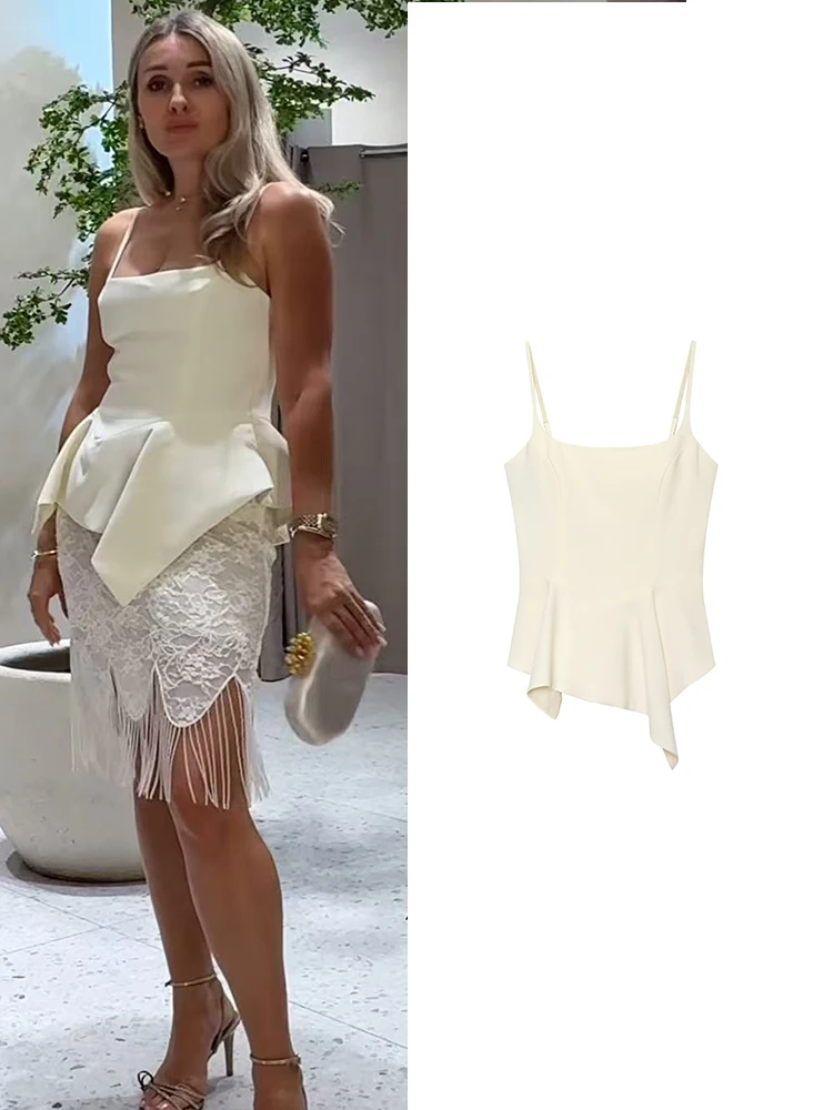 TFMLN Damen Slim Sling Top Einfarbig Asymmetrischer Saum Cami Top Elegant Schick Ärmellos Streetwear Sommer Neues Damen-Outfit 2026