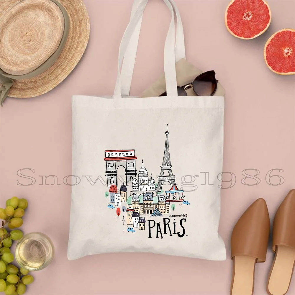 Bonjour Starry Night Paris Rainbow Eiffel Tower France City Love Heart French Flag Map Europe Canvas Shoulder Tote Bag Handbag