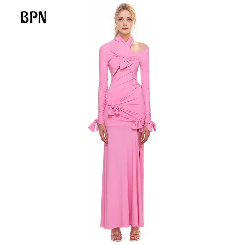 

BPN Fashion Patchwork Bowknot Party Dresses For Women Round Neck Long Sleeve Off Shoulder High Waist Solid Elegant Dress Female