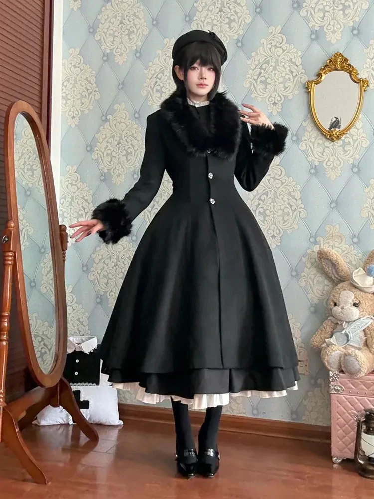 

Готическое шерстяное пальто в стиле Лолиты, тяжелое утягивающее талию шерстяное пальто, женское зимнее новое твидовое пальто с меховым воротником