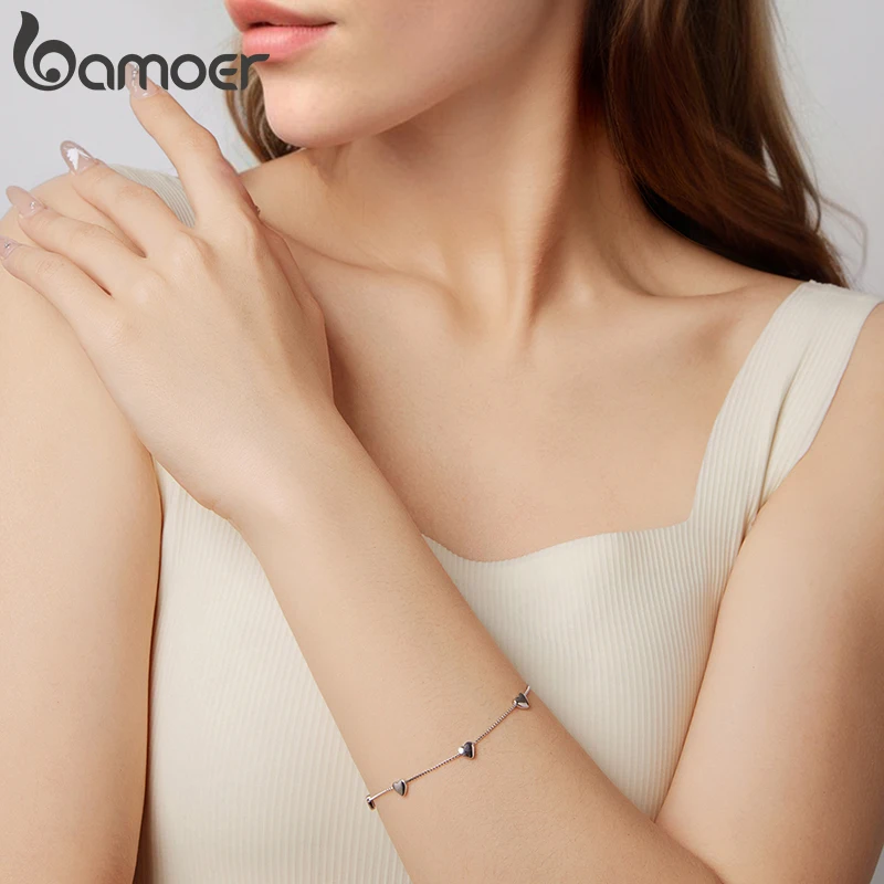 BAMOER  925 Sterling Silver Adjustable Heart Bracelet Dainty Box Chain Bracelet for Women Teen Girls Sweet Birthday Gift