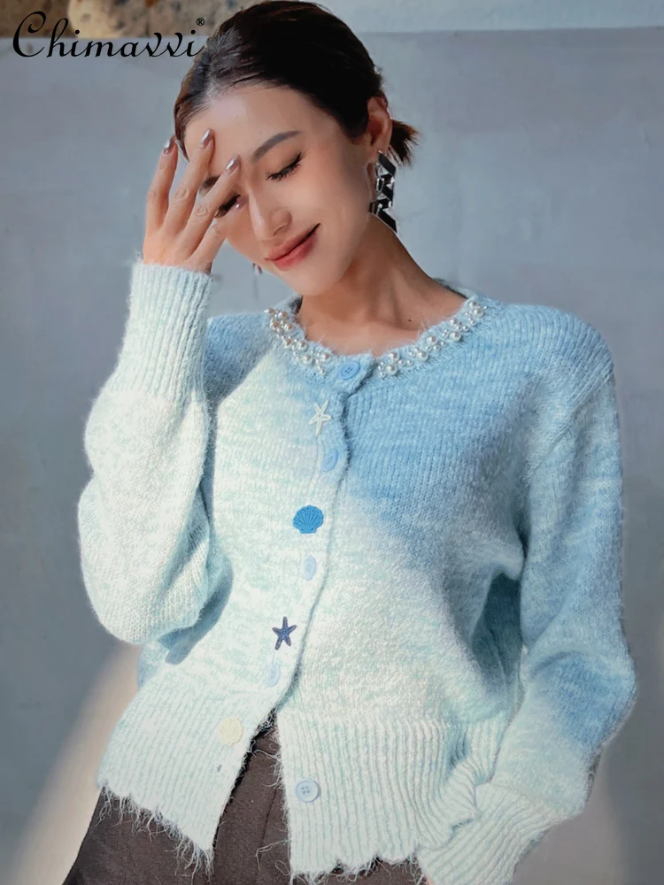 

French Fashion Elegant Blue Beaded Round Neck Single-Breasted Loose Versatile Casual Knitted Cardigan Top for Women Autumn