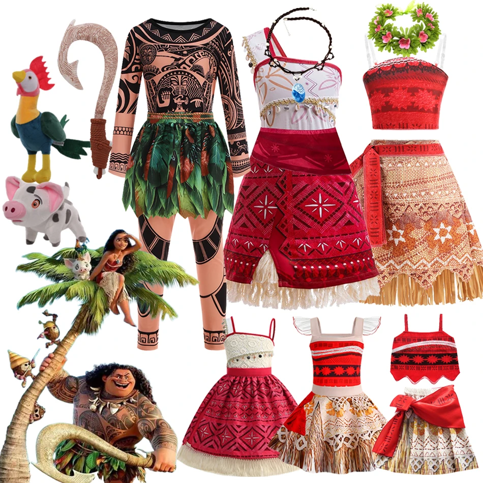 

Disney New Movies 2 Moana Dress Ocean Adventure Girls Role Play Costume Vaiana Maui Tattoo Outfit Kid Costume Halloween Dress