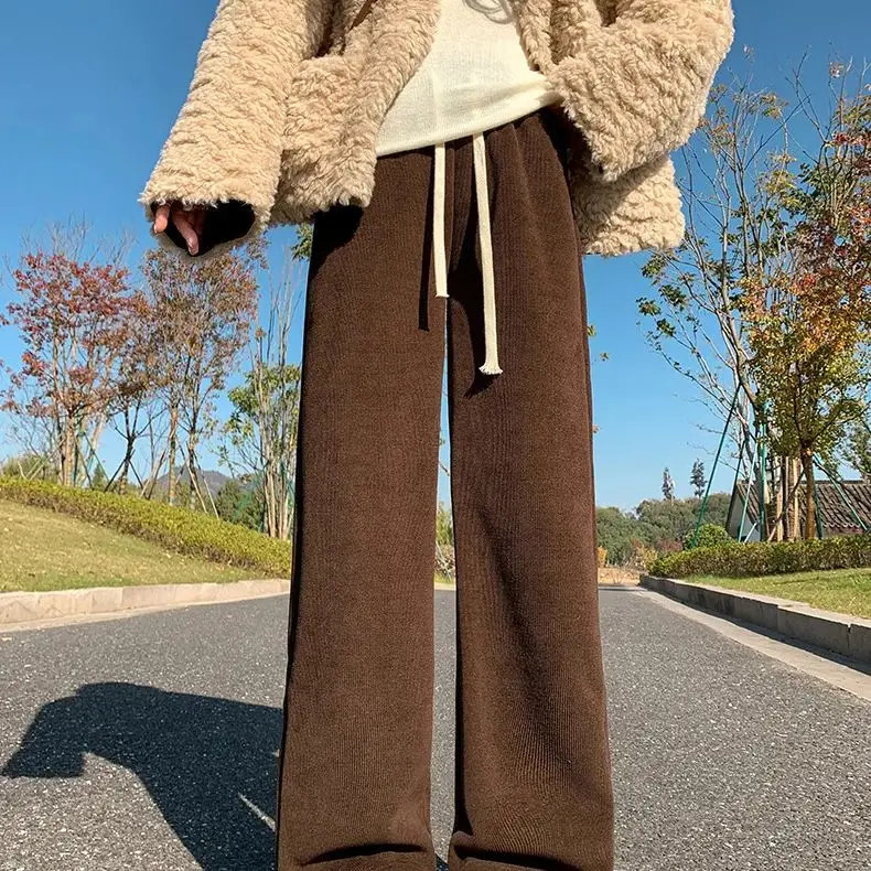 Brązowe spodnie z szerokimi nogawkami, ocieplane polarem, damskie, jesienno-zimowe, z wysokim stanem, drapowane, proste, grube, ciepłe, bawełniane P