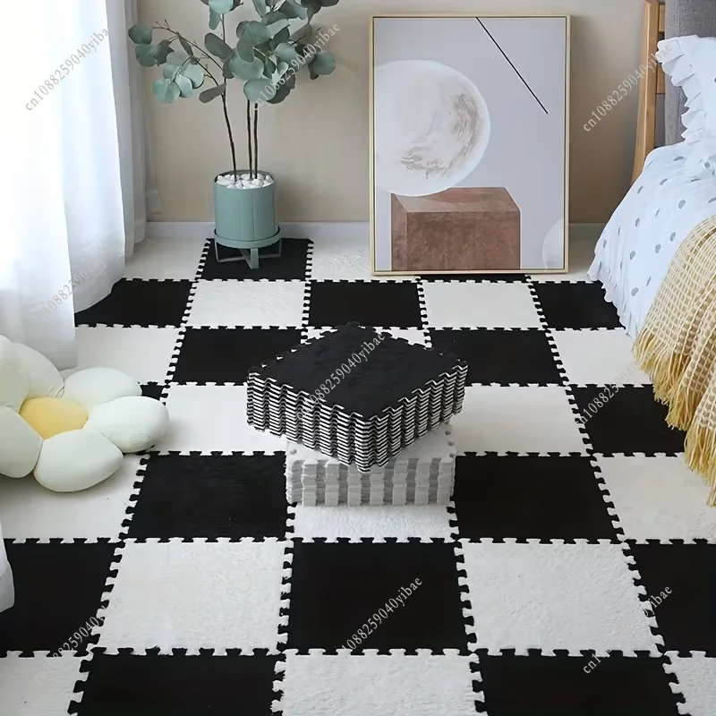 16Pcs Interlocking Foam Floor Tiles 30x30x1CM Color Plush Patchwork Carpet Grid Solid Pattern Foam Floor Mat Tiles Bedside Rug